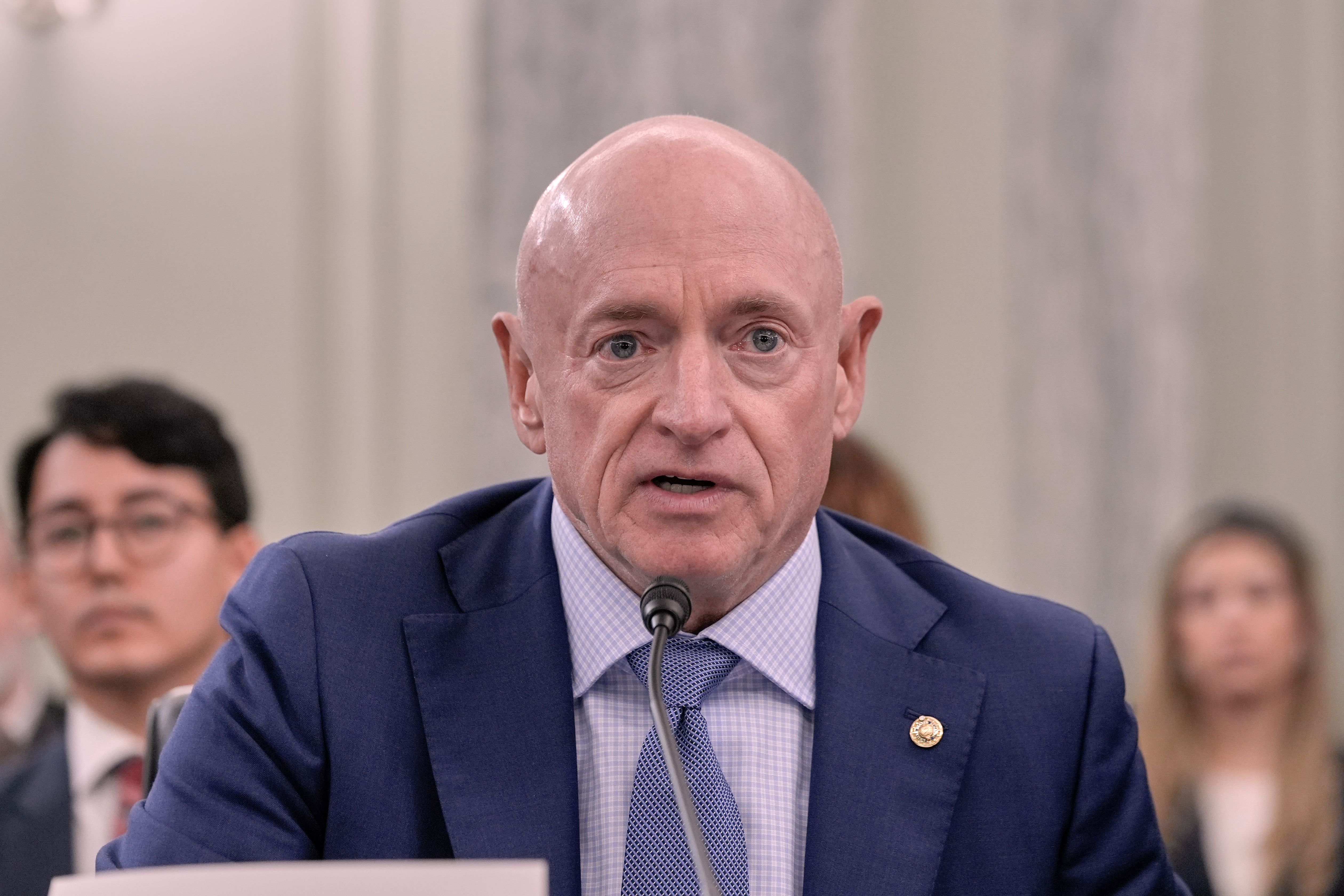 Sen. Mark Kelly, D-Ariz., speaks during a Senate Commerce, Science, Transportation nominations hearing, on Capitol Hill, Wednesday, Oct. 22, 2025, in Washington. 
