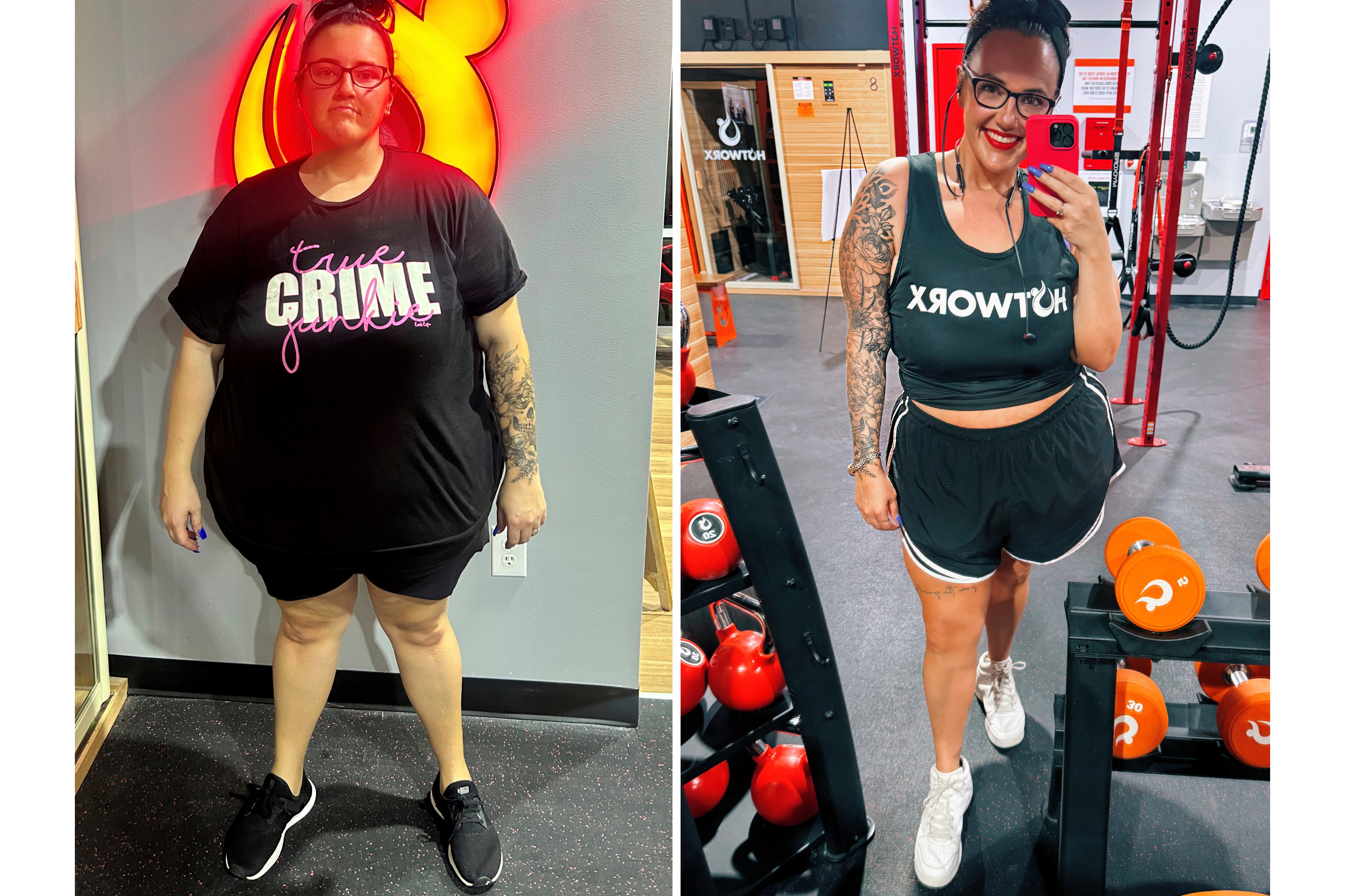 This combination of photos show Jenny Watson at a Hotworx facility in suburban Dallas in February 2023, left, and Watson taking a selfie in July 2025. 