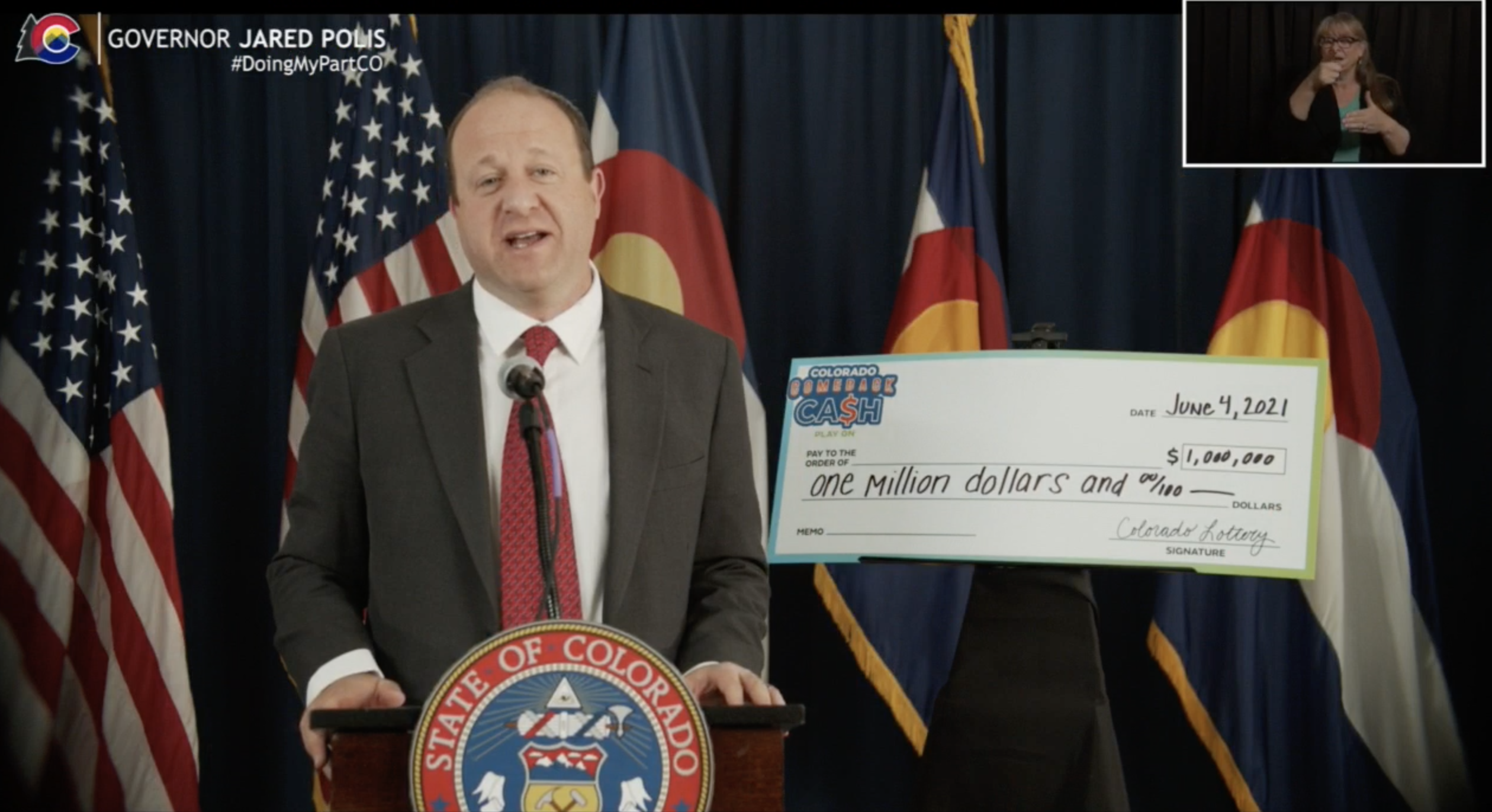 Gov. Jared Polis unveiling the $5,000,000 COVID vaccine lottery