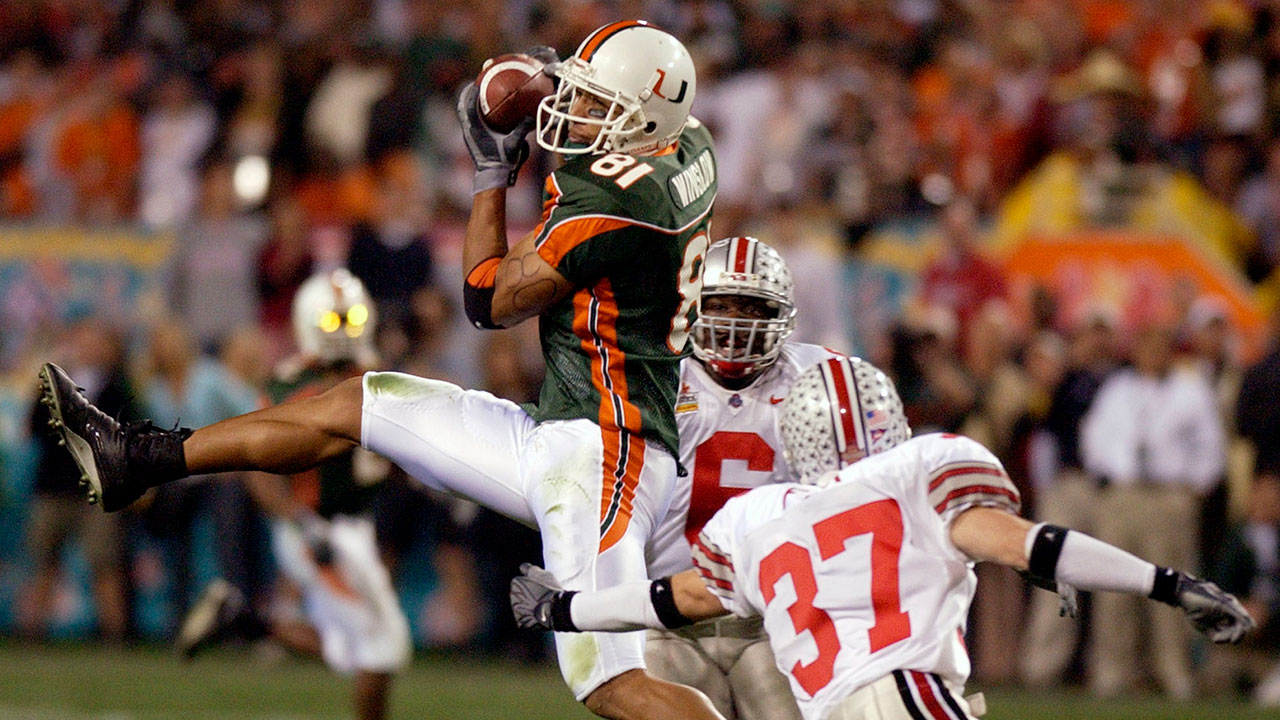 fiesta.jpgMiami tight end Kellen Winslow (81) is tackled by Ohio State defender Dustin Fox (37) after a 23 yard pass reception for a first down in the third quarter of the Fiesta Bowl in Tempe, Ariz. Friday, Jan. 3, 2003 . (AP Photo/Lenny Ignelzi)