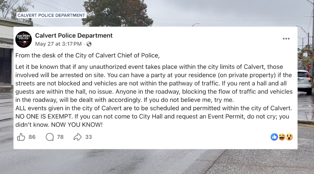 Calvert police chief's Facebook post about event permits sparks community debate