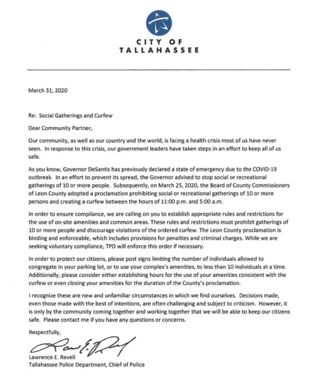 TPD letter to community partners 3.31.20