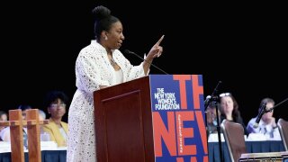 Founder of #MeToo, Tarana Burke speaks onstage during the New York Women's Foundation's 2018 'Celebrating Women' event.