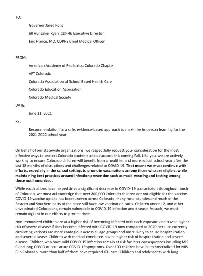 Colorado doctors, teachers unions write letter encouraging masks to be worn in schools in the fall_letter 1
