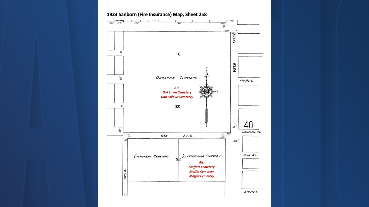 1923 map of Oaklawn, Evergreen, and Moffett Cemeteries