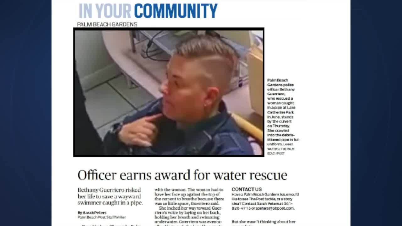 A newspaper headline read "Bethany Guerriero risked her life to save a wayward swimmer caught in a pipe."