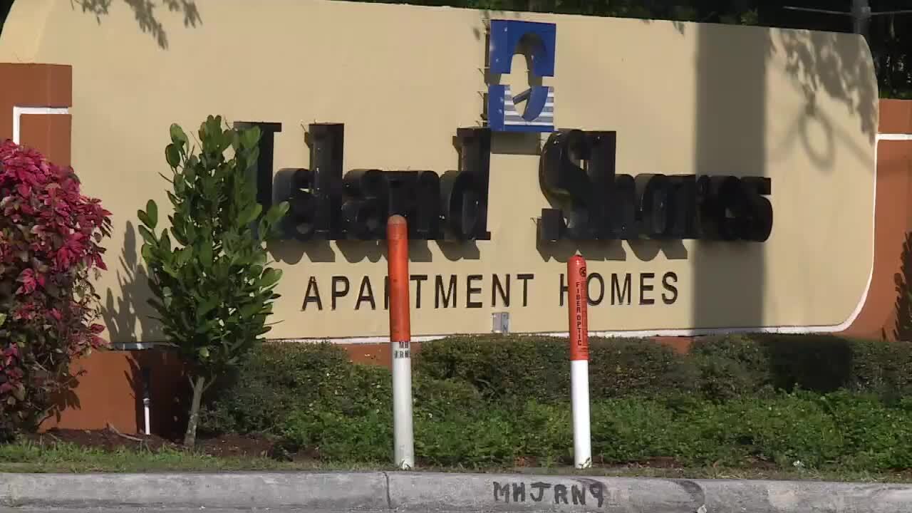 Island Shores Apartment Homes sign, where Greenacres double shooting occurred, April 6, 2023