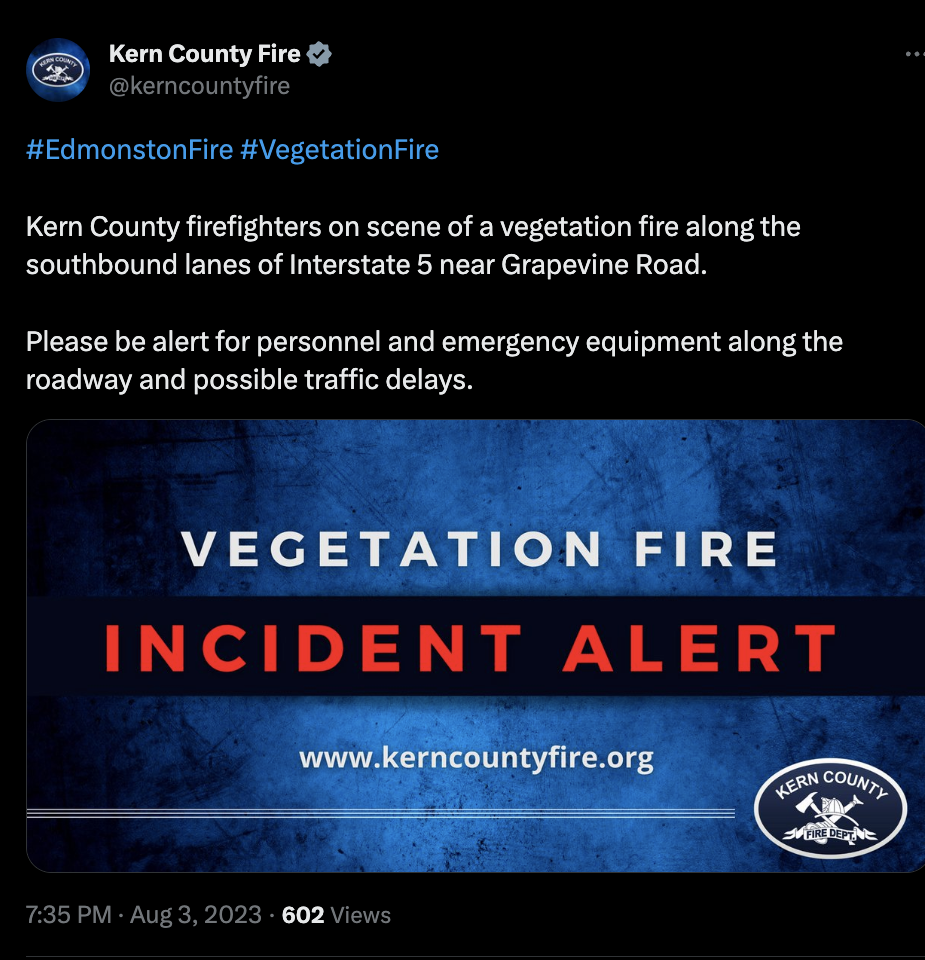kcfd tweet re grapevine fire