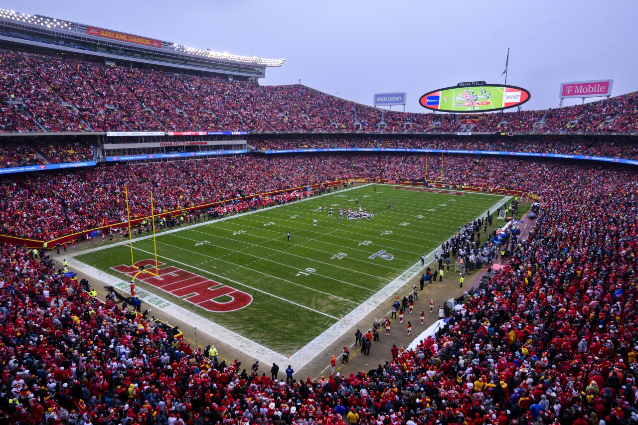 GEHA Field at Arrowhead Stadium before Jacksonville Jaguars-Kansas City Chiefs playoff game in 2023