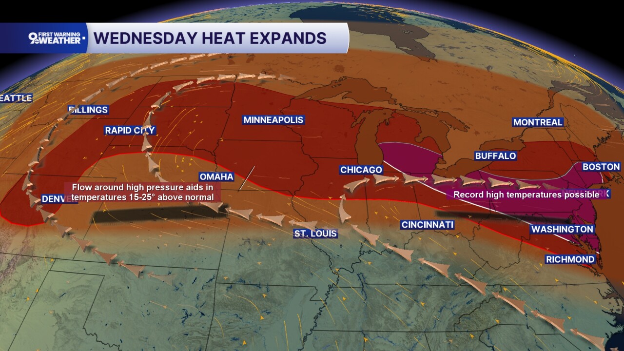 Heat dome expands on Wednesday
