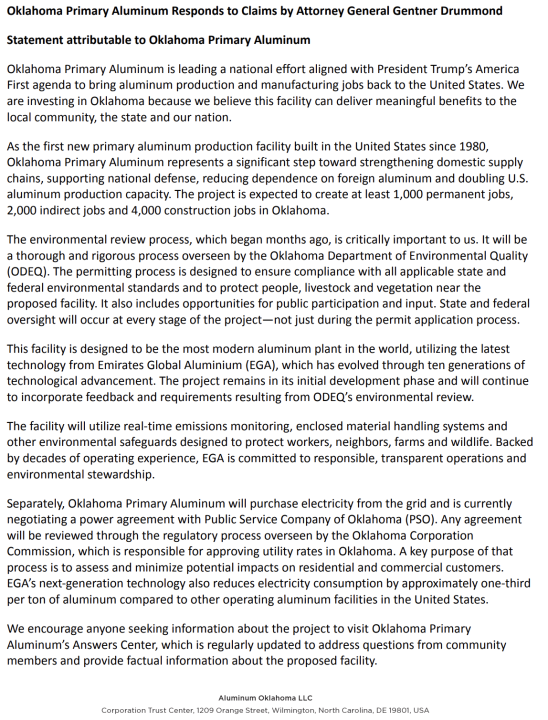 Oklahoma Primary Aluminum statement 260602