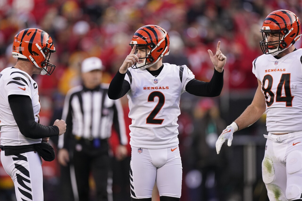 Cincinnati Bengals kicker Evan McPherson celebrates after kicking 52-yard FG at Kansas City Chiefs in AFC Championship, Jan. 30, 2022