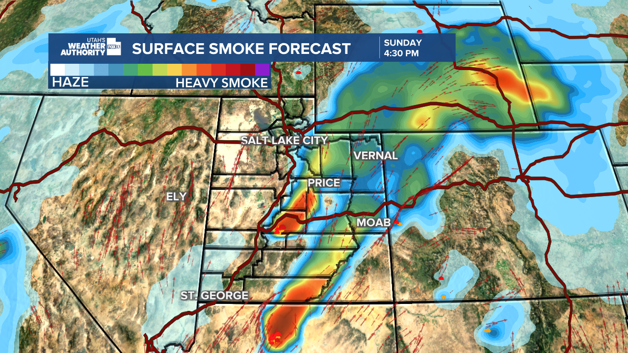 Graphics from the FOX 13 Weather Center showing where smoke is expected to be visible. Two main areas, once in Sevier County, and one in Kane County are expected to see heavy smoke.