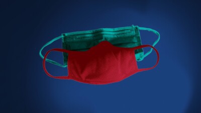 red and green face masks on blue background, generic