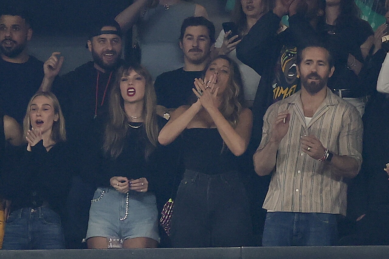 Taylor Swift, Blake Lively and Ryan Reynolds watching 'Sunday Night Football' game between Kansas City Chiefs and New York Jets, Oct. 1, 2023