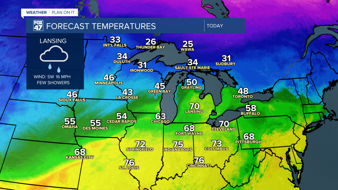 Temperatures to warm back into the 70's today depending on frontal passage track