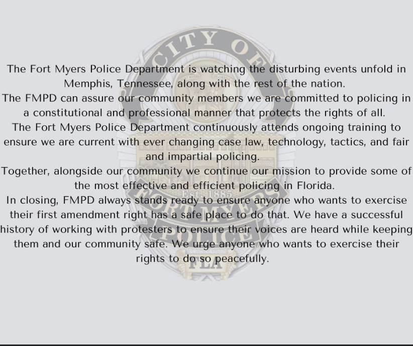 Fort Myers Police statement on Tyre Nichols