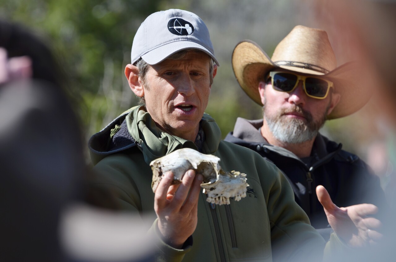 Casey McFarland holds up a deer skull at the beginning of the Colorado Range Rider Program's training on April 30, 2026.