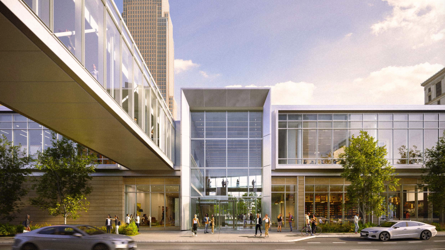 Pavilion Lobby and Skybridge viewed from West 3rd St.