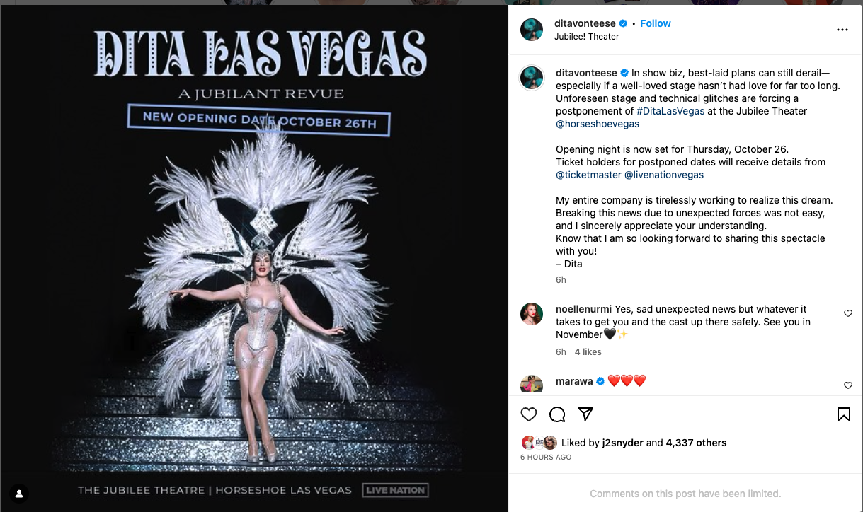 Dita Von Teese postpones show