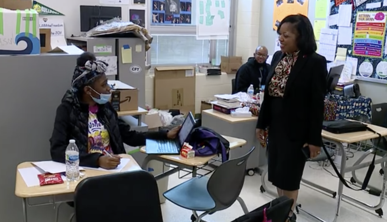 CPS Superintendent Iranetta Wright talks with a student in May 2022