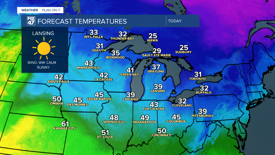 Even with lots of sunshine, temperatures across the region remain well below average with Lansing struggling to escape the 30's