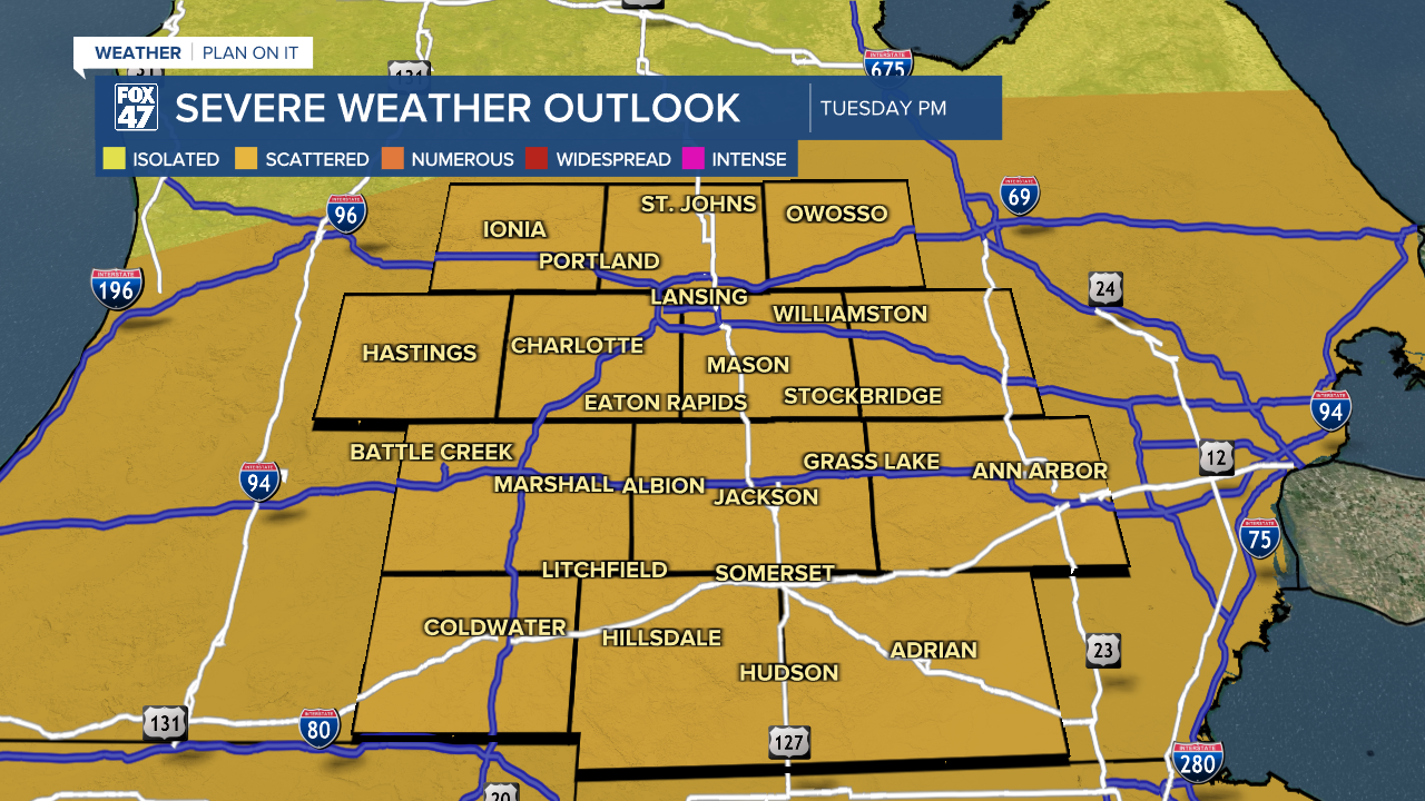 Slight risk for scattered severe storms across all of our neighborhoods Tuesday