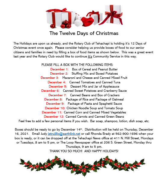 List of items for the Twelve Days of Christmas senior food drive