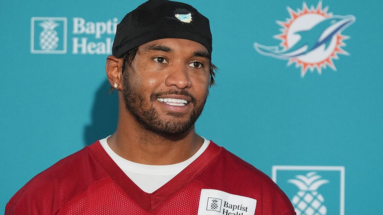 Miami Dolphins quarterback Tua Tagovailoa responds to a question during a news conference at the NFL football team's training camp, Wednesday, July 23, 2025, in Miami Gardens, Fla.