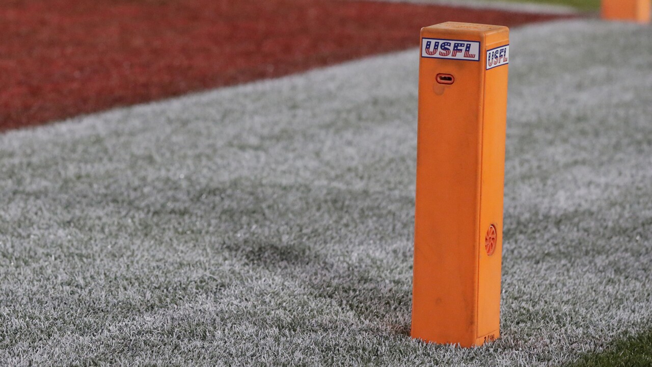 USFL logo on pylon in end zone, April 16, 2022