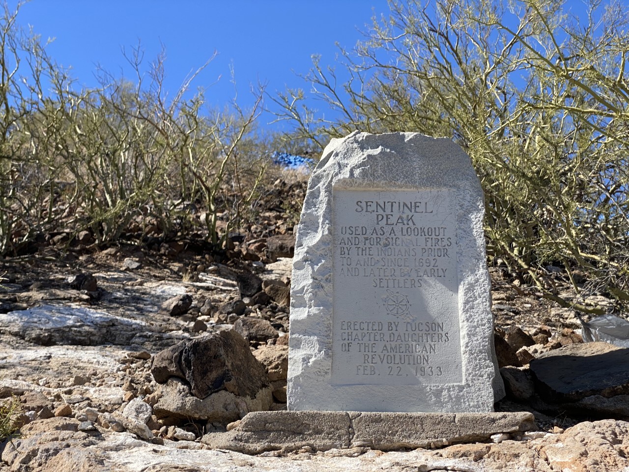 Sentinel Peak marker at top of "A" Mountain