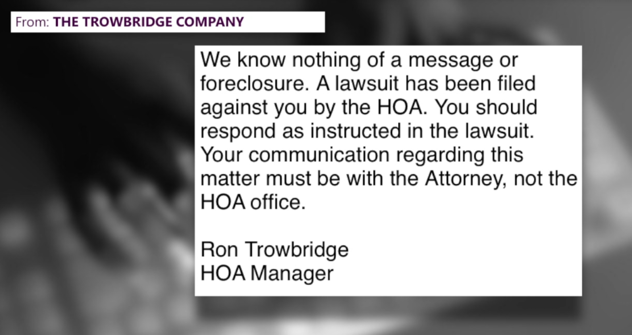 Email from property manager Ron Trowbridge to Shonia