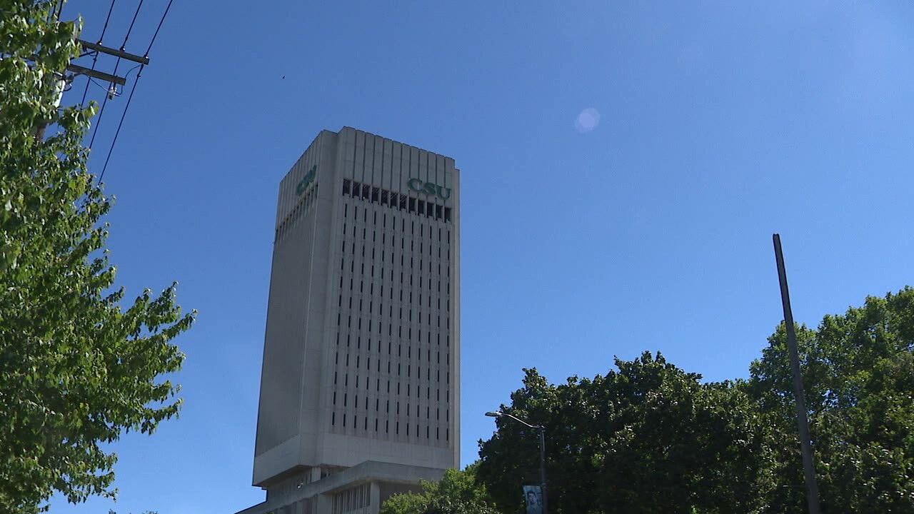 Rhodes Tower, the aging centerpiece of Cleveland State University's campus, is undergoing asbestos remediation and interior demolition.