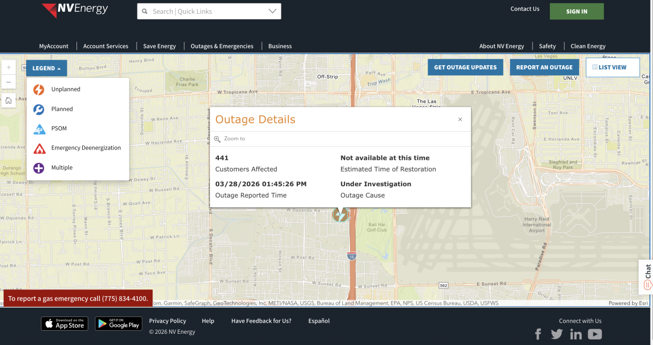 RTC reports power outage on Russell Road from Valley View Boulevard to Las Vegas Boulevard