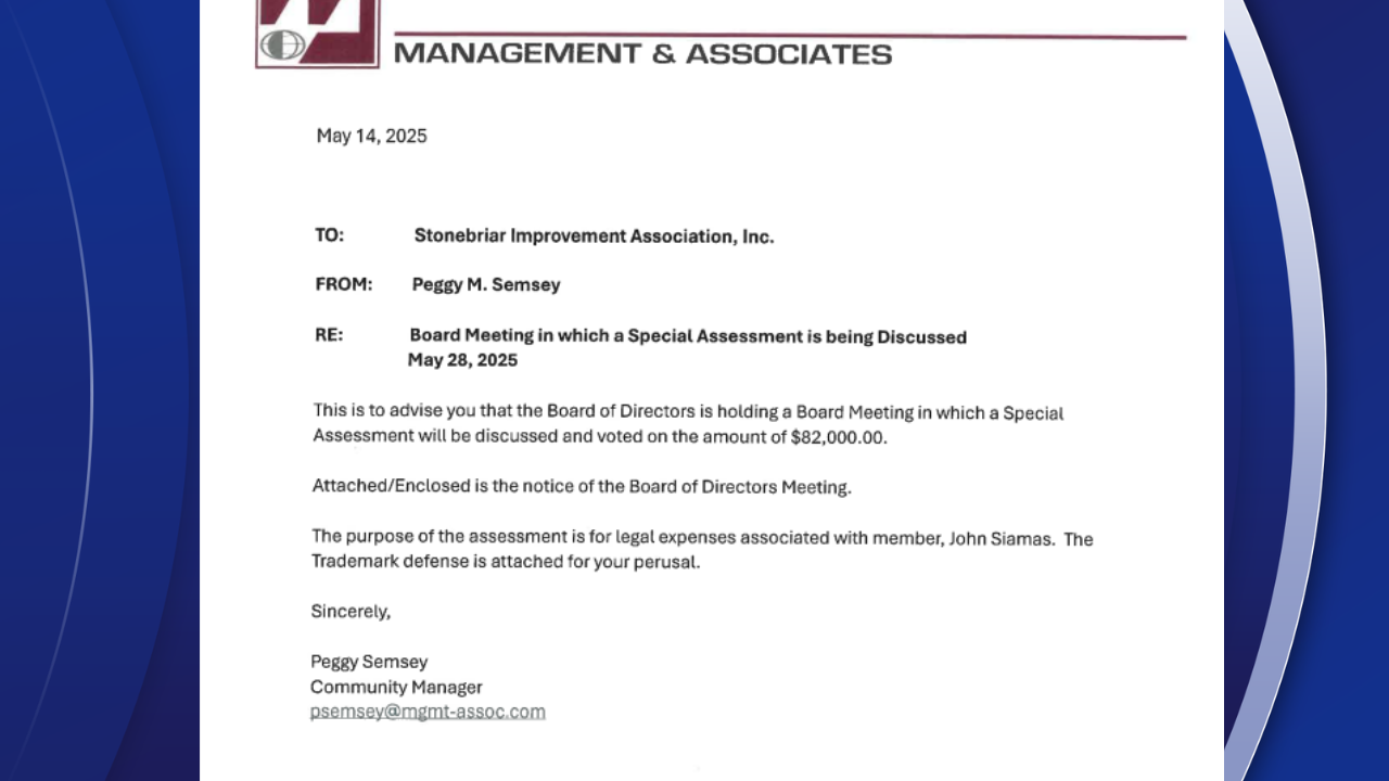 Notice of meeting in which the Stonebriar HOA Board approved an $82,000 assessment to oppose Siamas' trademark filing and to seek a trademark for the neighborhood as a board.