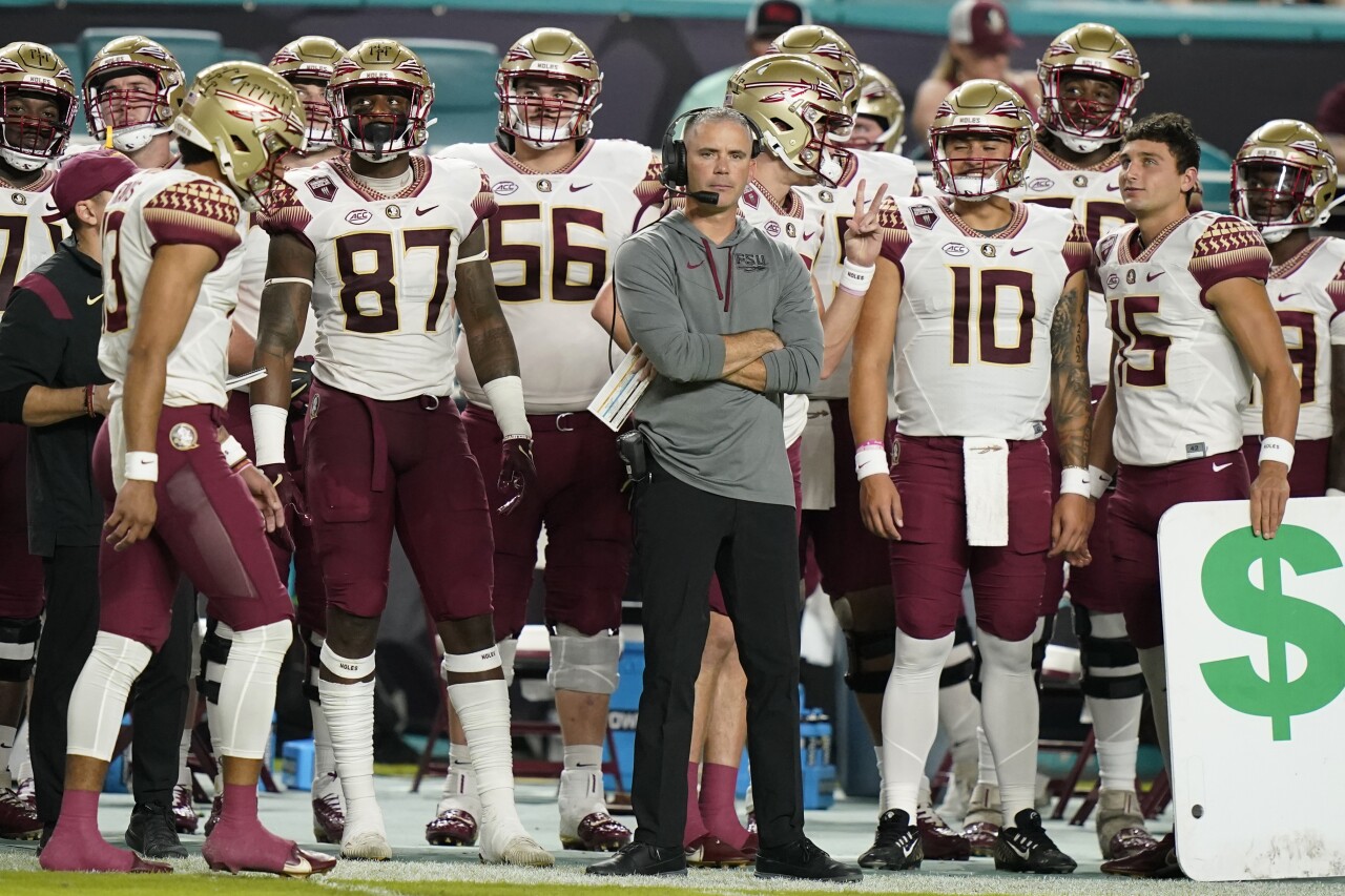 Florida State Seminoles head coach Mike Norvell on sideline at Miami Hurricanes, Nov. 5, 2022
