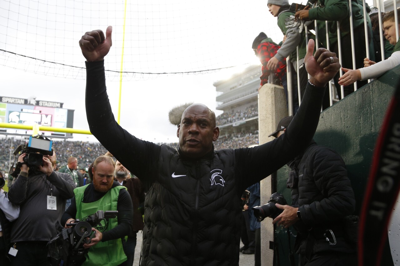 Michigan State Spartans head coach Mel Tucker celebrates after 2021 win vs. Michigan Wolverines