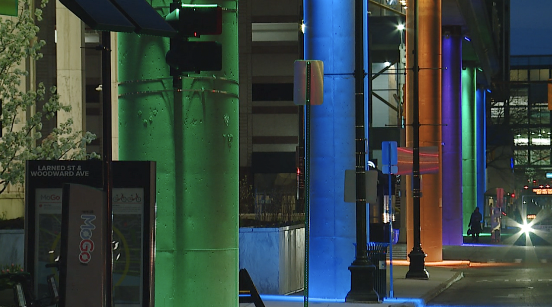 The new LED colored lighting program will highlight the Detroit People Mover beams for the NFL Draft and beyond