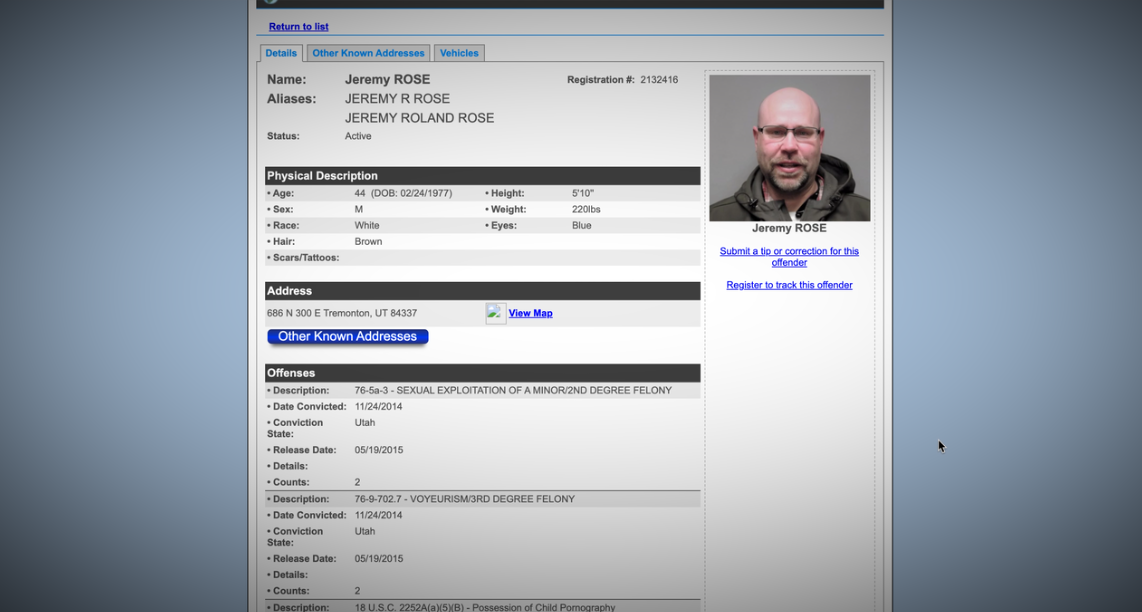 Jeremy Rose's sex offender registry page on the Utah Department of Corrections website