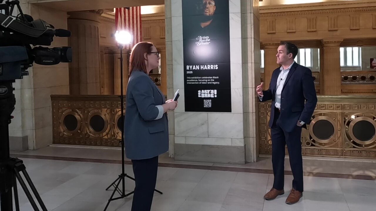 Scott Skinner of the North Coast Waterfront Development Corp. talks to News 5 reporter Michelle Jarboe at Cleveland City Hall.