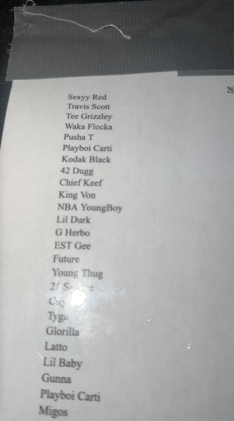The same list was later seen on video at The Garage, laminated and duct taped to the DJ table.