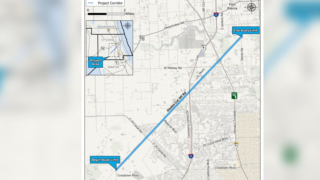 The study limits are along Glades Cut Off Road from Range Line Road to Selvitz Road in St. Lucie County.