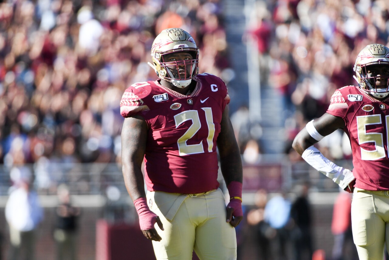 Florida State Seminoles defensive tackle Marvin Wilson looks at scoreboard vs Miami in 2019