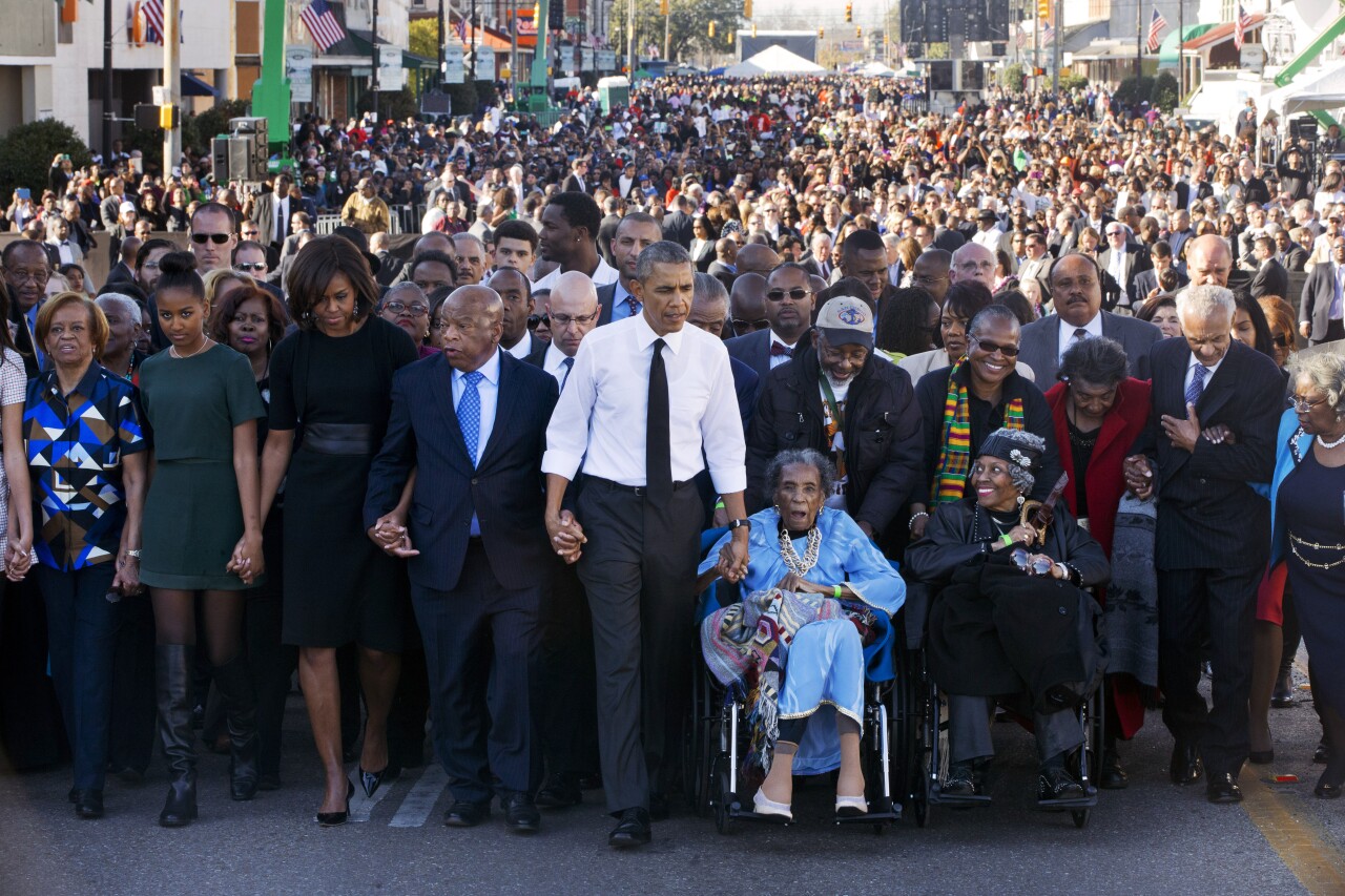 Barack Obama, Michelle Obama, Malia Obama, Sasha Obama, Marian Robinson, John Lewis, Amelia Boynton Robinson