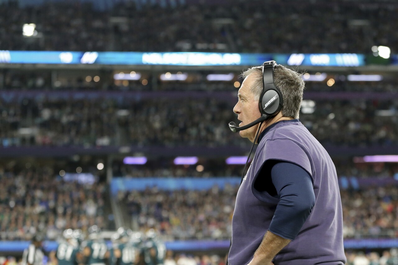 New England Patriots head coach Bill Belichick on sideline during Super Bowl LII, Feb. 4, 2018