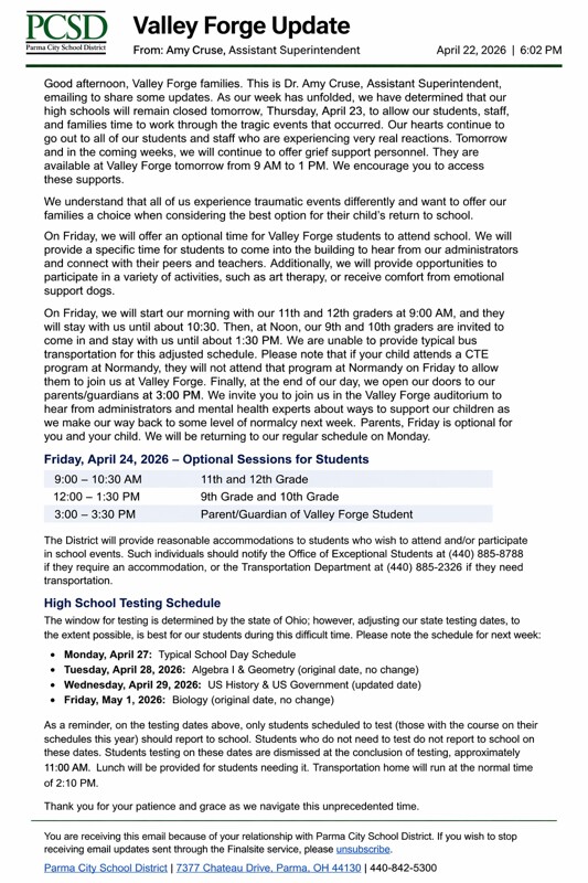 Valley Forge update from assistant superintendent