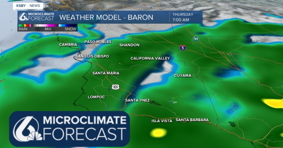 Patchy rain traveling through the Central Coast