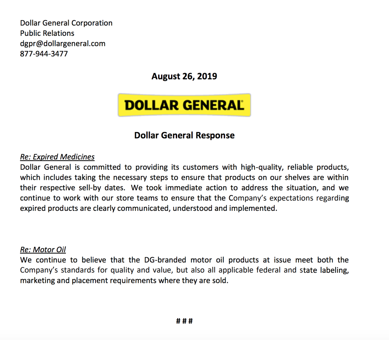Dollar General Response