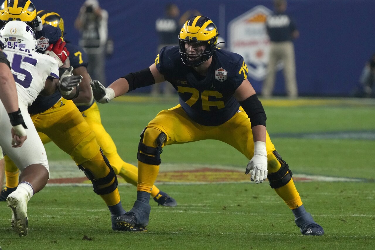 Michigan offensive tackle Ryan Hayes vs. TCU Horned Frogs in College Football Playoff semifinal at Fiesta Bowl, Dec. 31, 2022