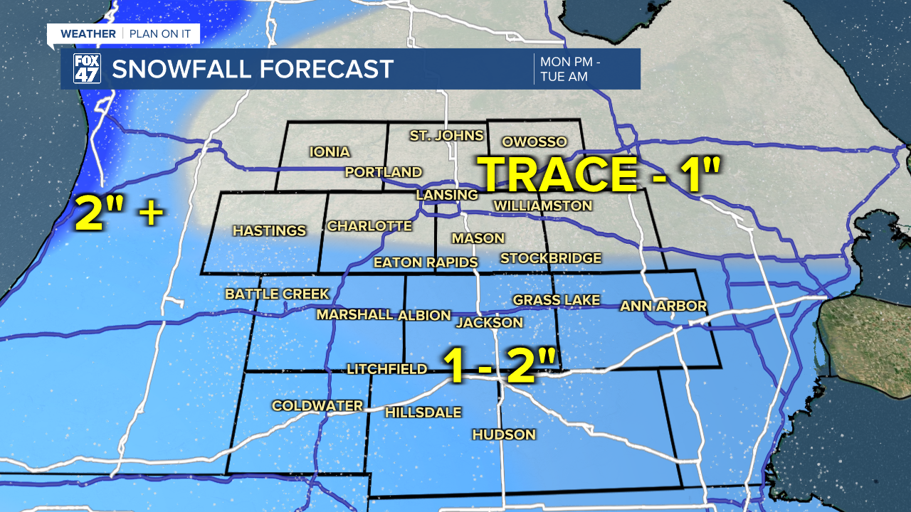 Looking at a an inch or two of snowfall tonight which could lead to some slick spots on the road Tuesday AM
